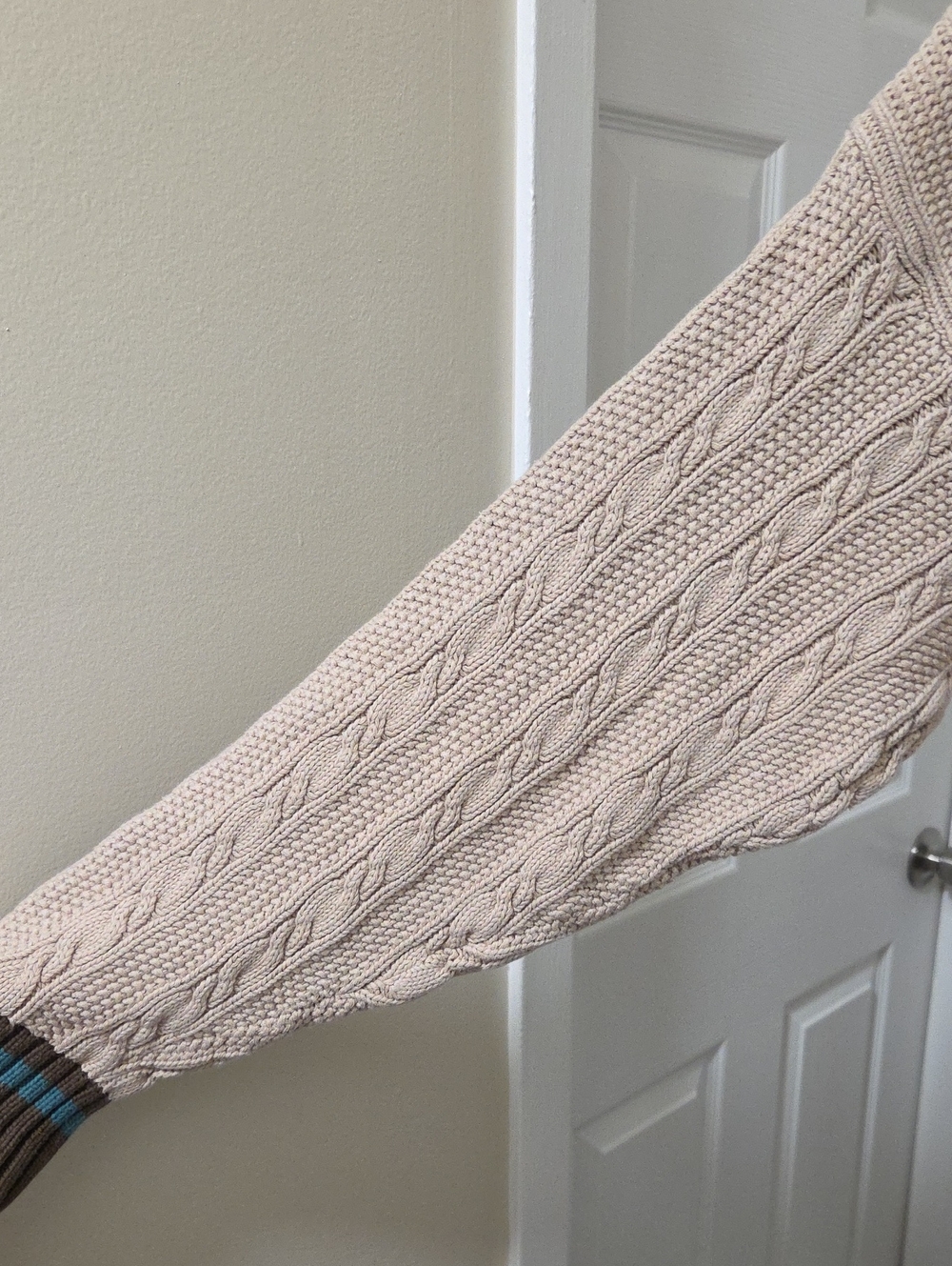 Vintage Eddie Bauer 100% Cotton Cable Knit Sweater Cream Crewneck Brown Teal - Picture 6 of 8